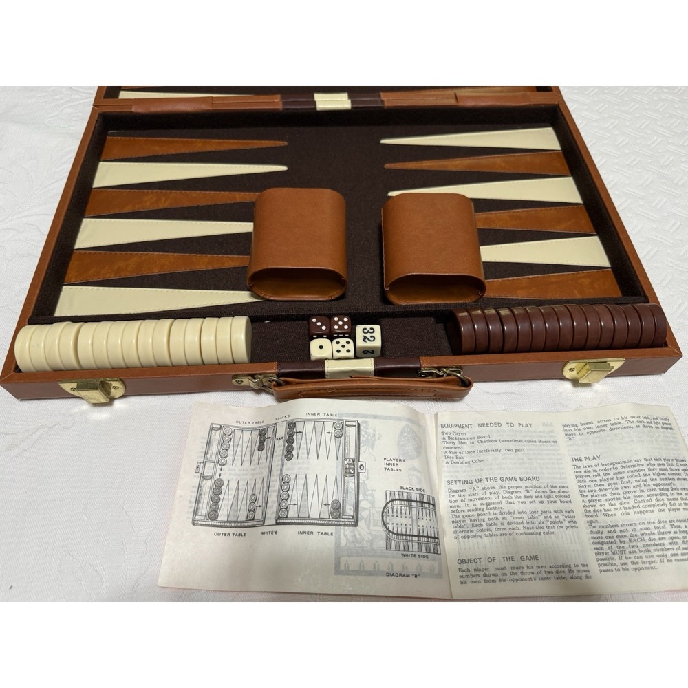 Backgammon Game Set Travel 15x9-1/2x2" Faux Leather All Pieces Included